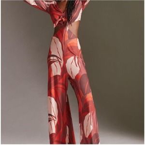 NWT $188 Anthropologie HUTCH Large Jumpsuit Cut-out Red FLORAL Wide LEG Knotted